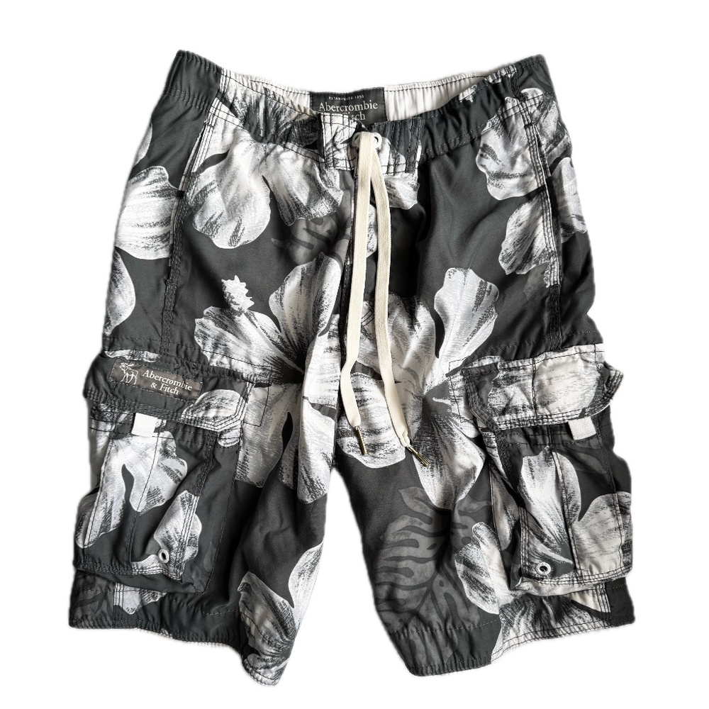 Abercrombie & Fitch Men's Swim Trunks - Size M, 9" Inseam, Grey and White